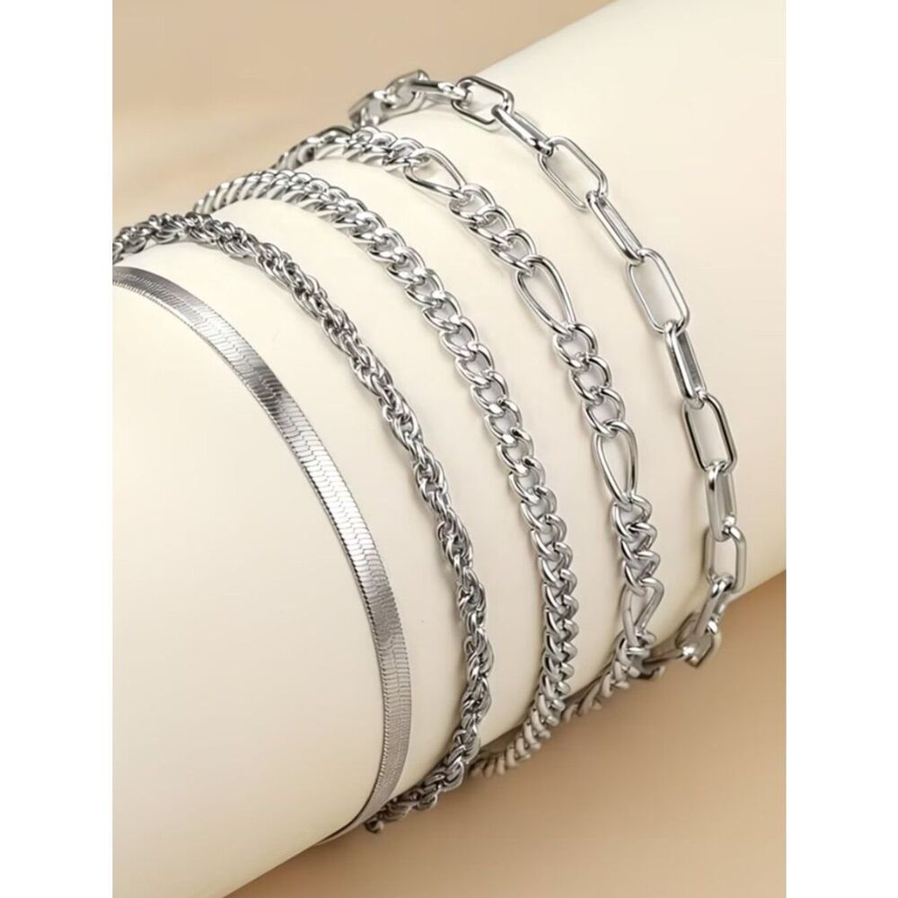 Stainless Steel Bracelet Set 5 Different Chain Styles to Layer or Individually